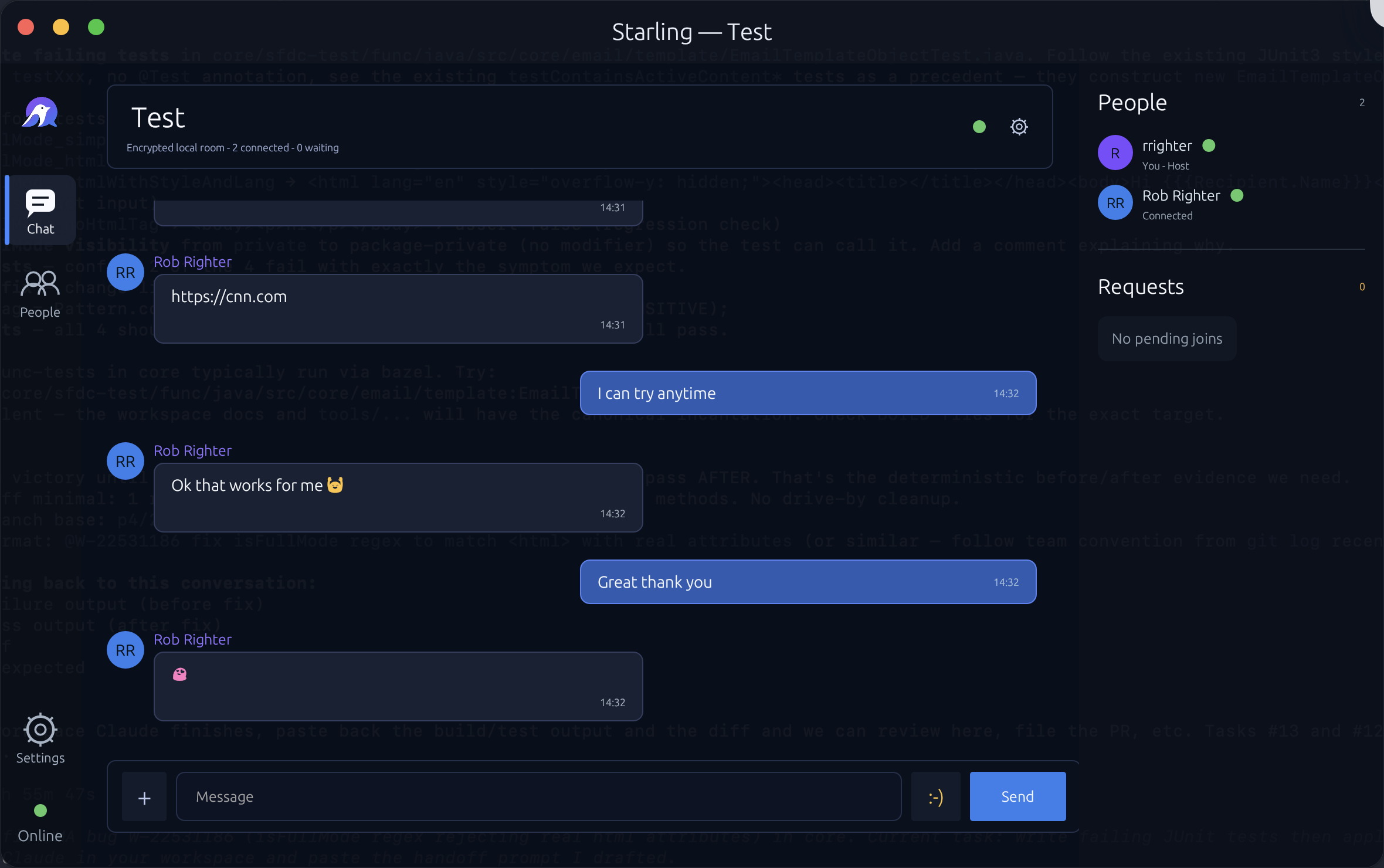 Starling chat view: a room titled Test with messages between rrighter and Rob Righter, a People panel, status light, and gear menu